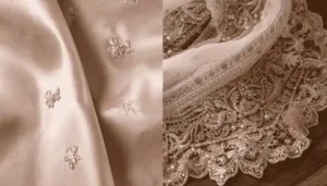 Affordable traditional wedding dresses fabrics showing raw silk and elegant embroidery for a budget traditional bridal look. and how to get a traditional bridal look under $800