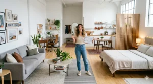 A bright open floor plan showing a creator executing how to style a studio apartment with clean zoning.