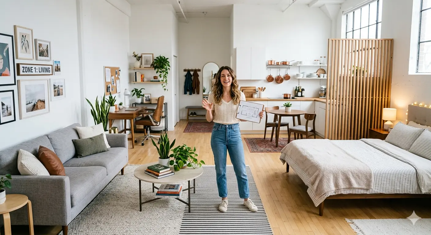 A bright open floor plan showing a creator executing how to style a studio apartment with clean zoning.