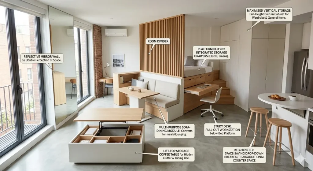 Smart multifunctional furniture solutions layout highlighting creative space saving tips inside a small apartment design.