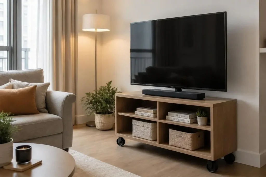 Small Living Room Ideas with TV: 15 Layouts That Fit 4 no drill TV cart for small apartment living room renters