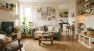 A beautifully styled living space showing practical one-bedroom apartment decorating ideas on a budget.