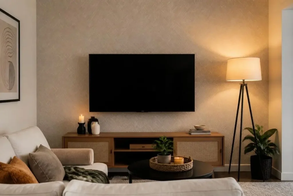 Small Living Room Ideas with TV: 15 Layouts That Fit 6 removable wallpaper accent wall behind TV in small apartment