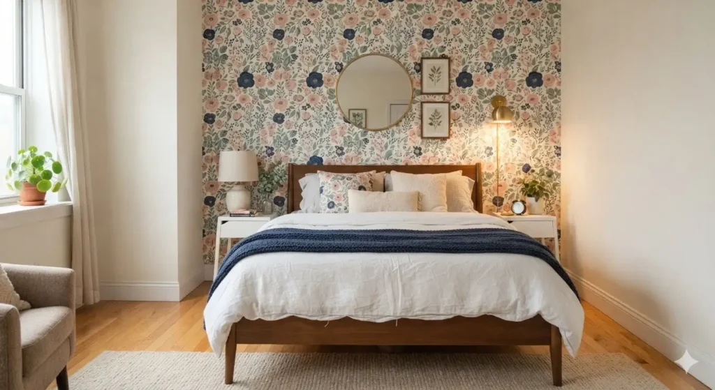 An accent wall styled with removable peel and stick floral wallpaper behind a bed frame inside a rental apartment.