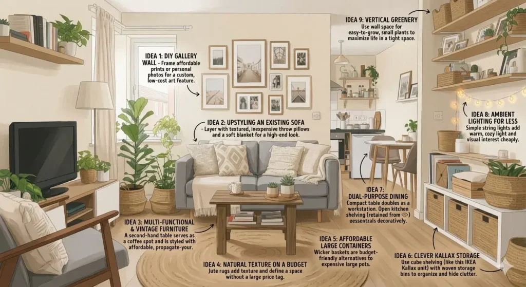 A smart small living room layout displaying affordable apartment decor and clever furniture placement.