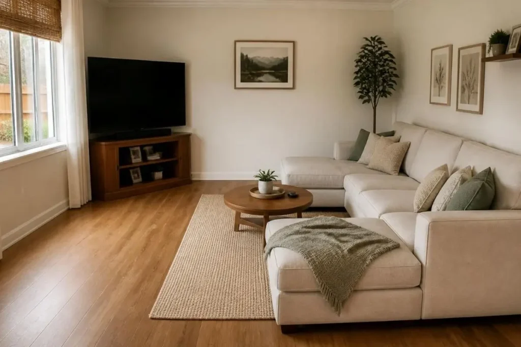 Small Living Room Ideas with TV: 15 Layouts That Fit 3 10x15 living room layout with tv corner placement and L-shaped sofa