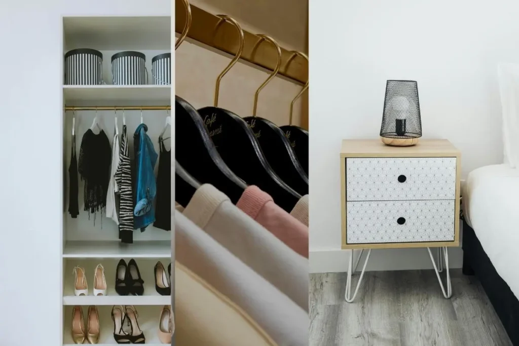27 Small Apartment Storage Ideas That Actually Work 6 small bedroom and closet storage ideas with nightstand and hooks