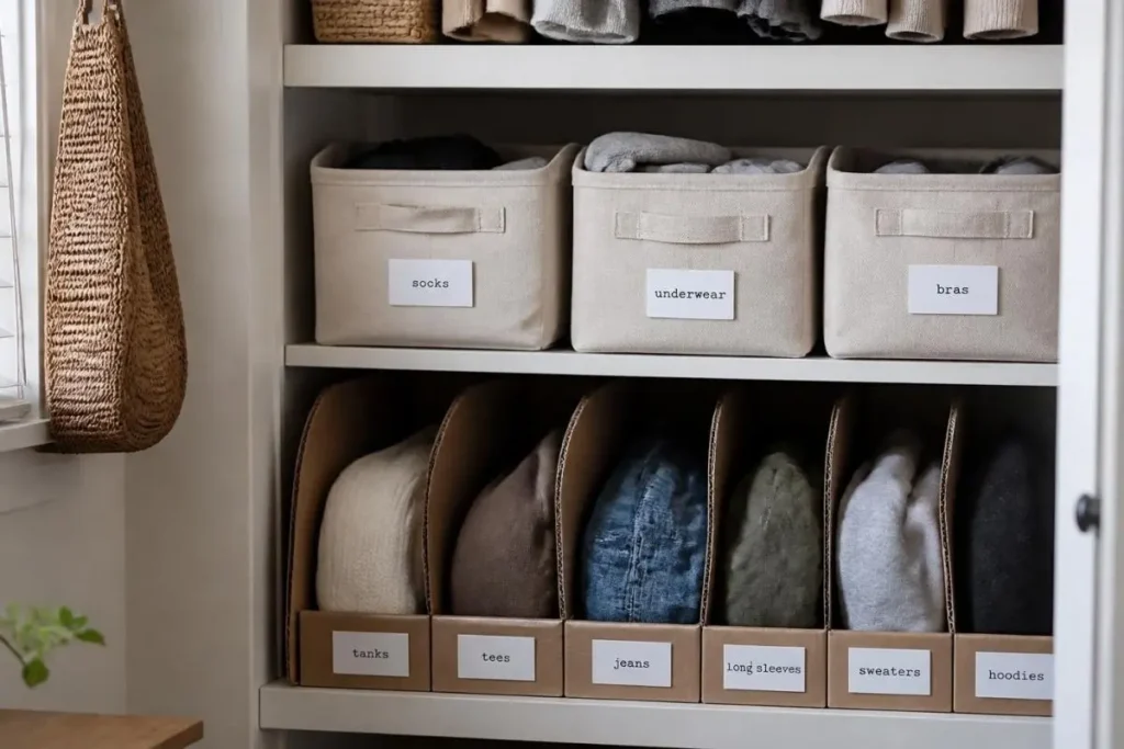 Small Closet Organization Ideas for Renters 6 Budget friendly closet organization using bins and dividers.