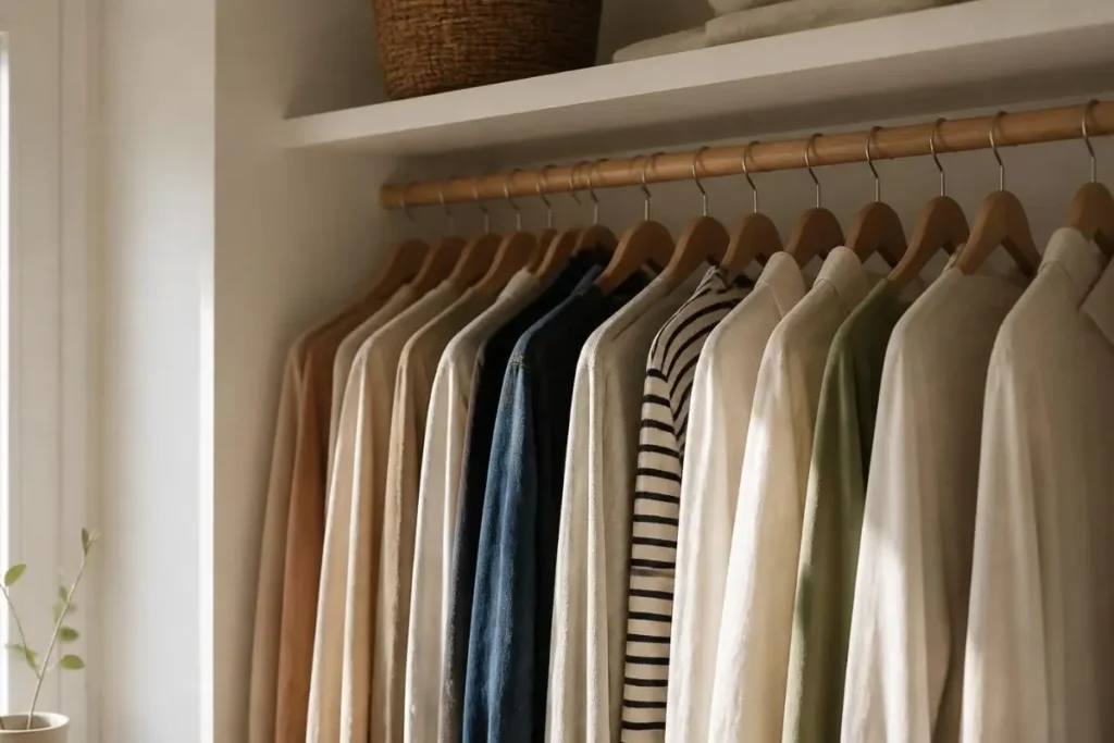 Small Closet Organization Ideas for Renters 3 Clothes evenly distributed on a wooden closet rod for weight balance