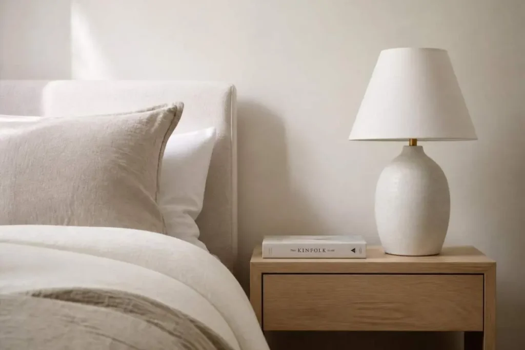 How to Make a Small Bedroom Look Bigger Without Renovation 6 Decluttered nightstand with lamp and book making small bedroom feel spacious