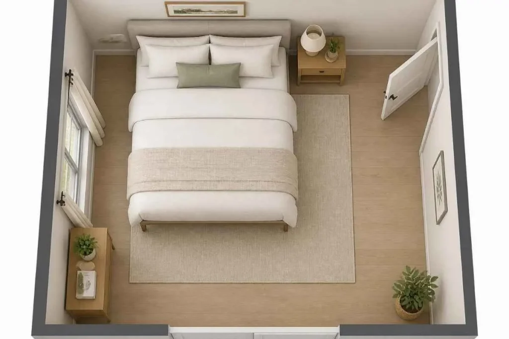 How to Make a Small Bedroom Look Bigger Without Renovation 4 Bed and furniture arranged with clear walking space in a small bedroom