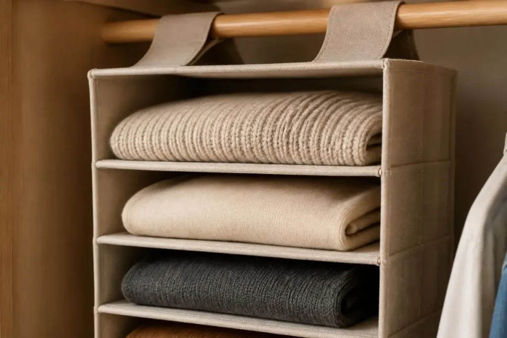 Small Closet Organization Ideas for Renters 2 Hanging fabric closet organizer looped over an existing closet rod