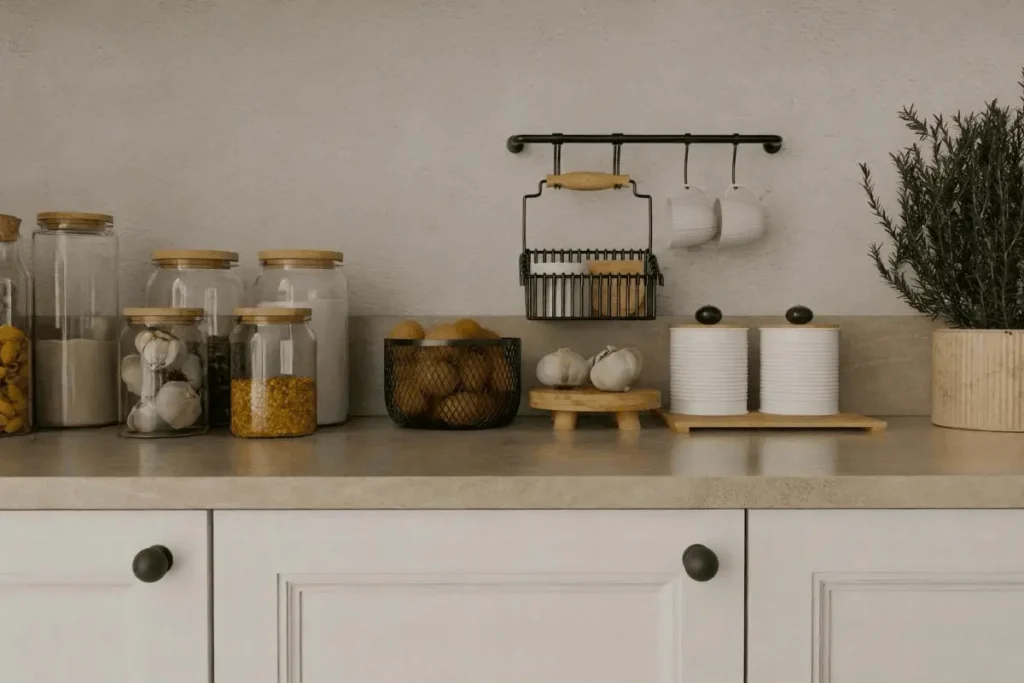 cluttered kitchen counter in a very small apartment kitchen with no free space
