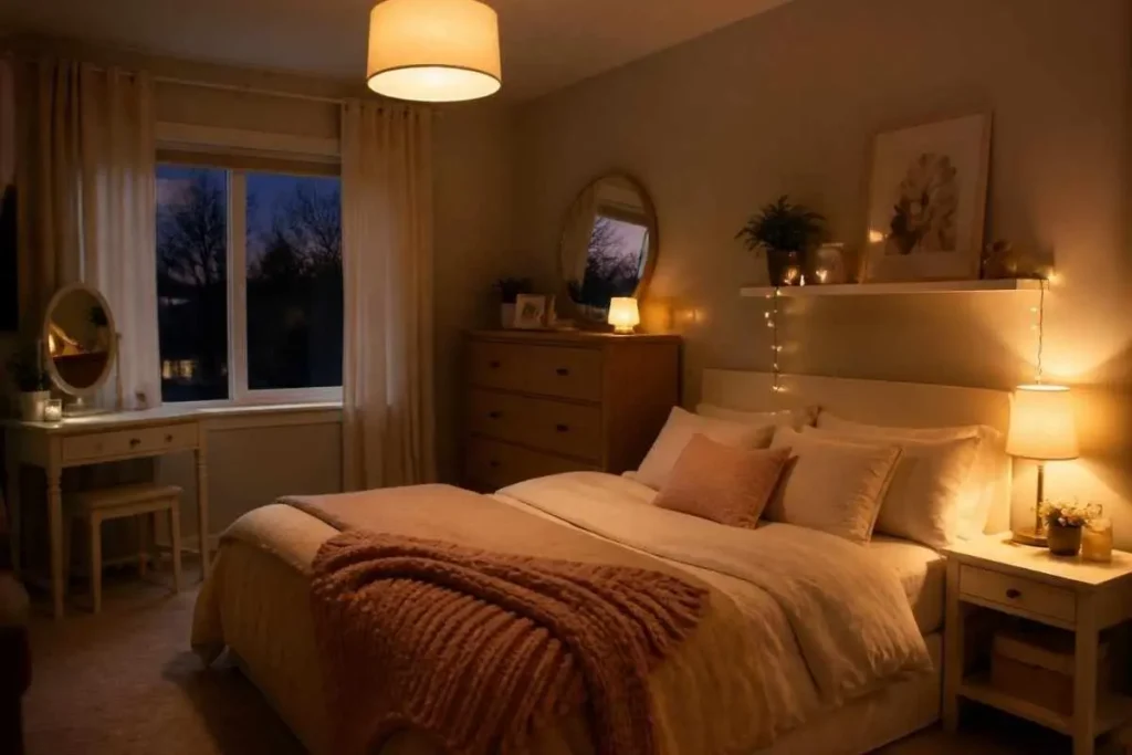 How to Make a Small Bedroom Look Bigger Without Renovation 5 Layered lighting setup with lamp and ceiling light in a small bedroom