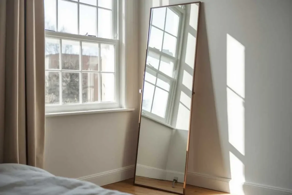 How to Make a Small Bedroom Look Bigger Without Renovation 3 Large mirror placed opposite window to make small bedroom look bigger