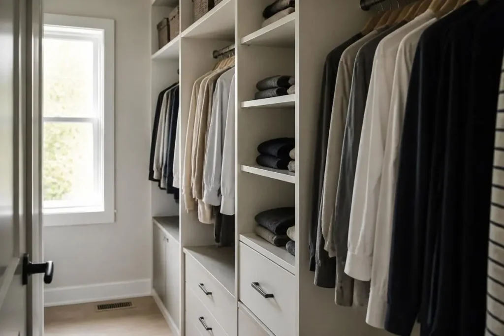 Small Closet Organization Ideas for Renters 7 Narrow closet using vertical stacked shelves for extra storage.