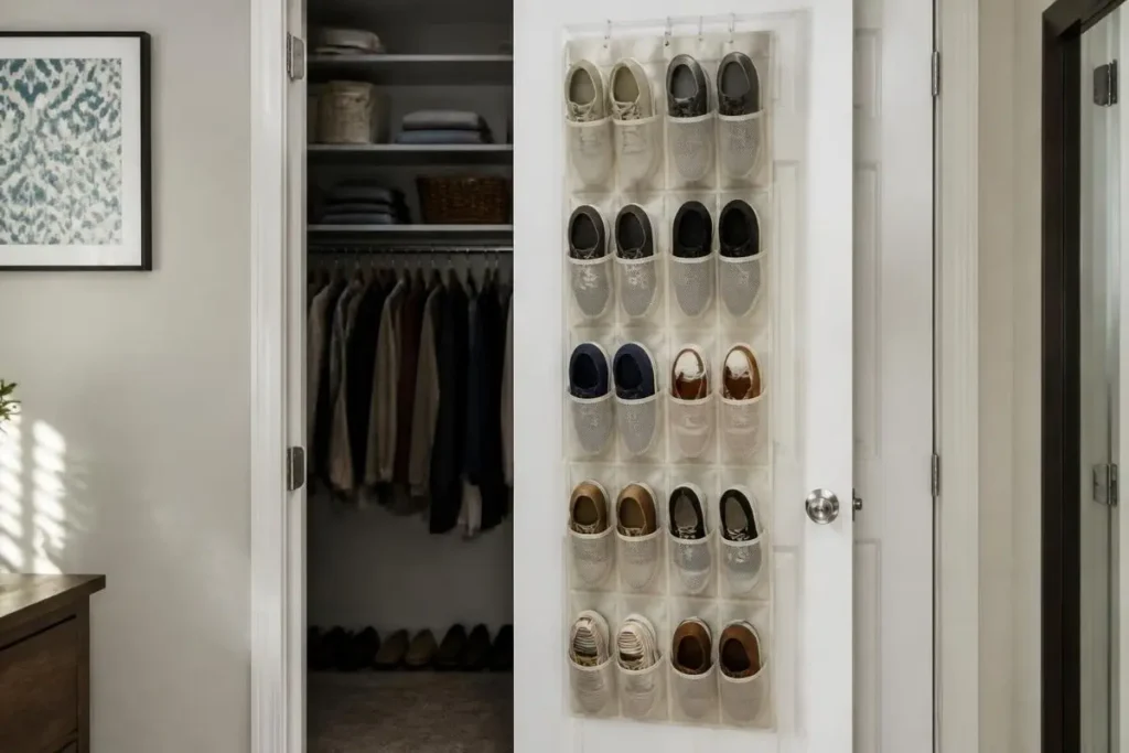 Small Closet Organization Ideas for Renters 5 Over the door shoe organizer keeping shoes off the closet floor.