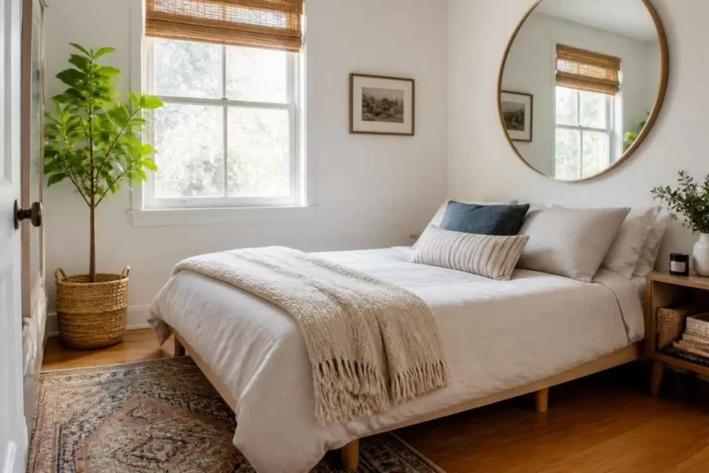 How to Make a Small Bedroom Look Bigger Without Renovation 1 Small bedroom decorated with light paint and mirror to look bigger without renovation