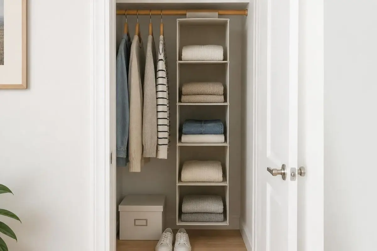Small Closet Organization Ideas for Renters with hanging shelves and no drilling