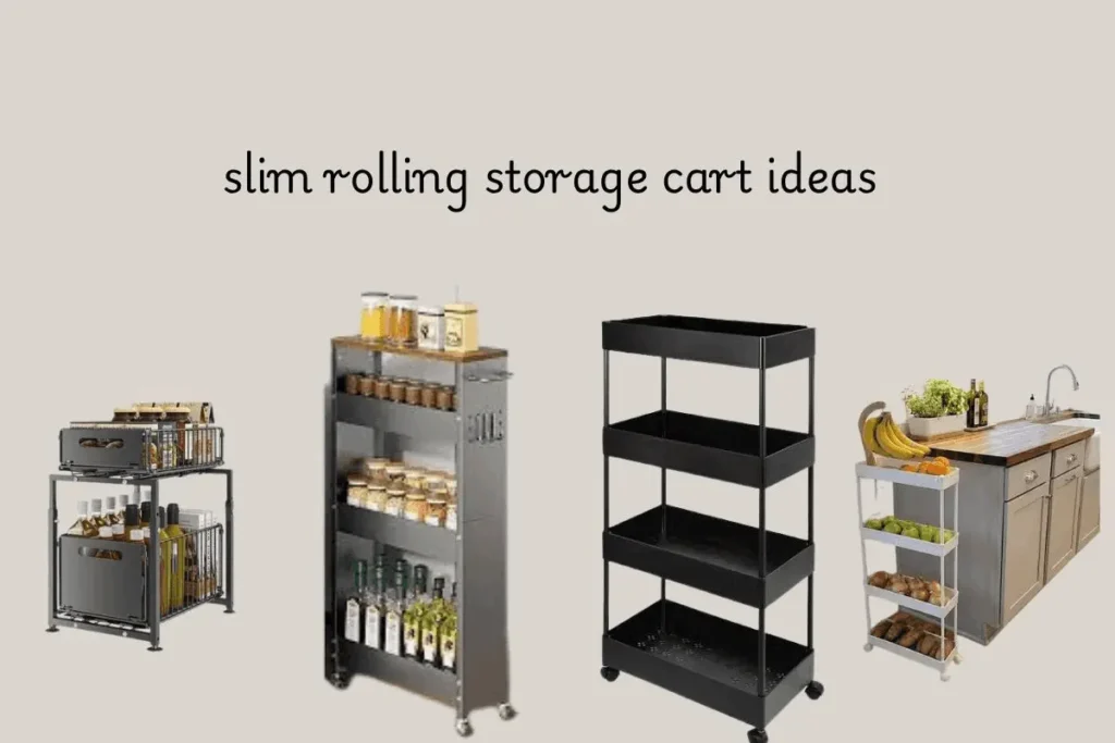 Very Small Kitchen Storage Ideas That Do Not Need a Drill 3 slim rolling cart used as no-drill kitchen storage in a rental