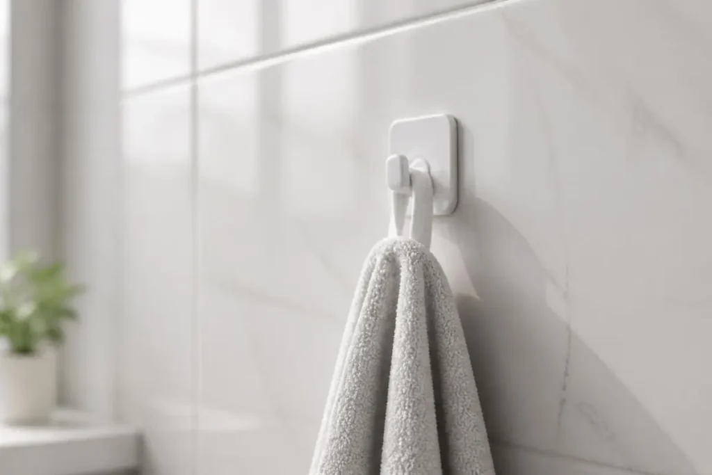 Best Extra Bathroom Storage for Apartments 2 Water-resistant command strips holding a hook in a humid bathroom