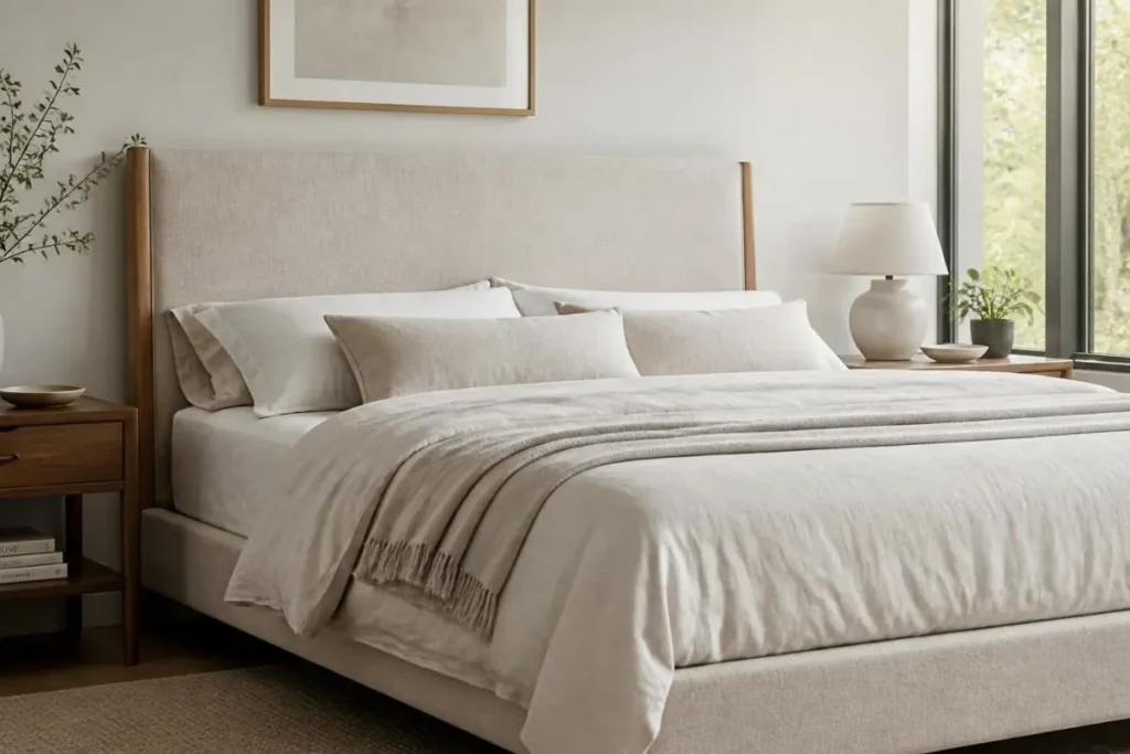 Headboard Ideas Without Drilling 2 Freestanding headboard with legs positioned behind a bed frame