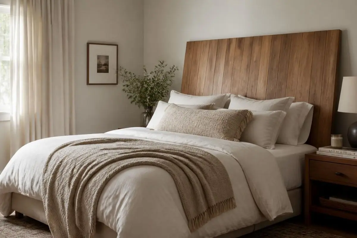 headboard ideas without drilling, leaning panel styled behind a bed