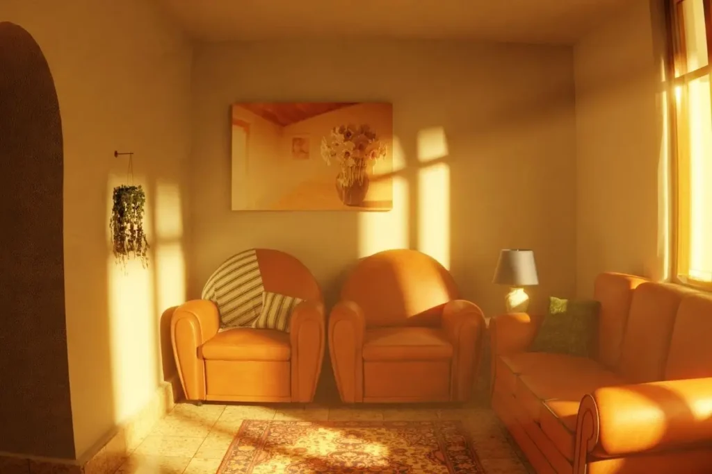 Warm living room with layered rug, textured throw pillows, and armchairs