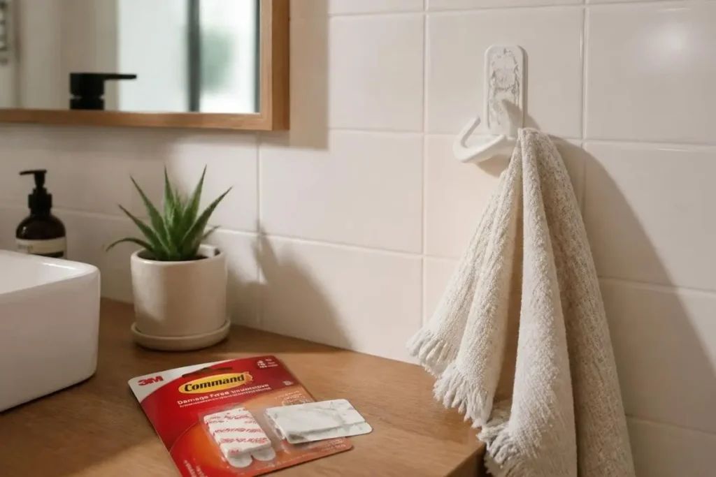 Best Extra Bathroom Storage for Apartments 7 An adhesive wall hook peeling off a tile wall in a rental bathroom due to improper installation