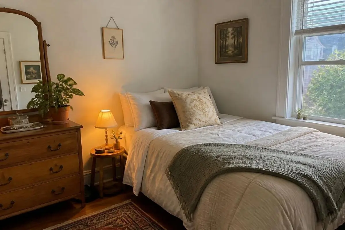 Small bedroom decorating on a budget with light paint and thrifted decor