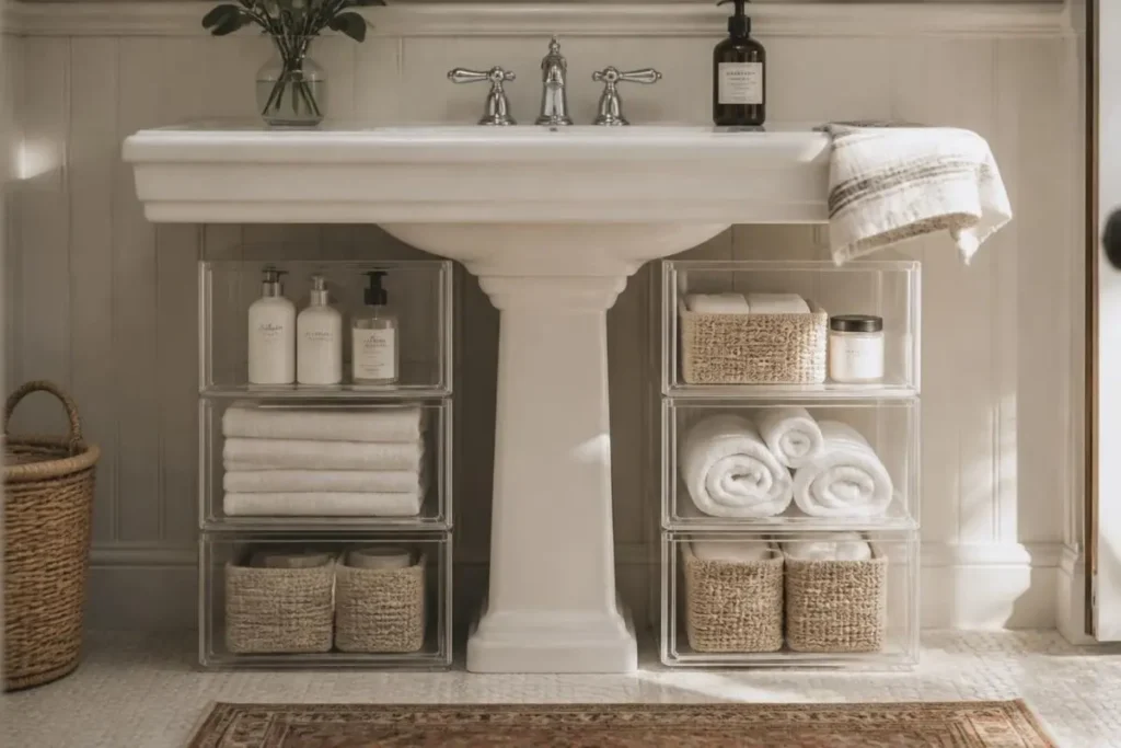 Best Extra Bathroom Storage for Apartments 4 Stackable storage bins organizing under a pedestal sink
