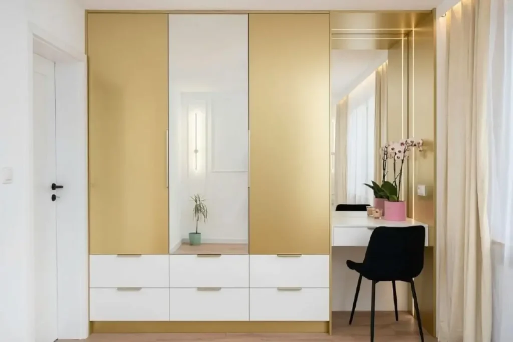 15 best two-colour combinations for a wardrobe in a small bedroom 15 champagne gold and white glossy two colour wardrobe combination.