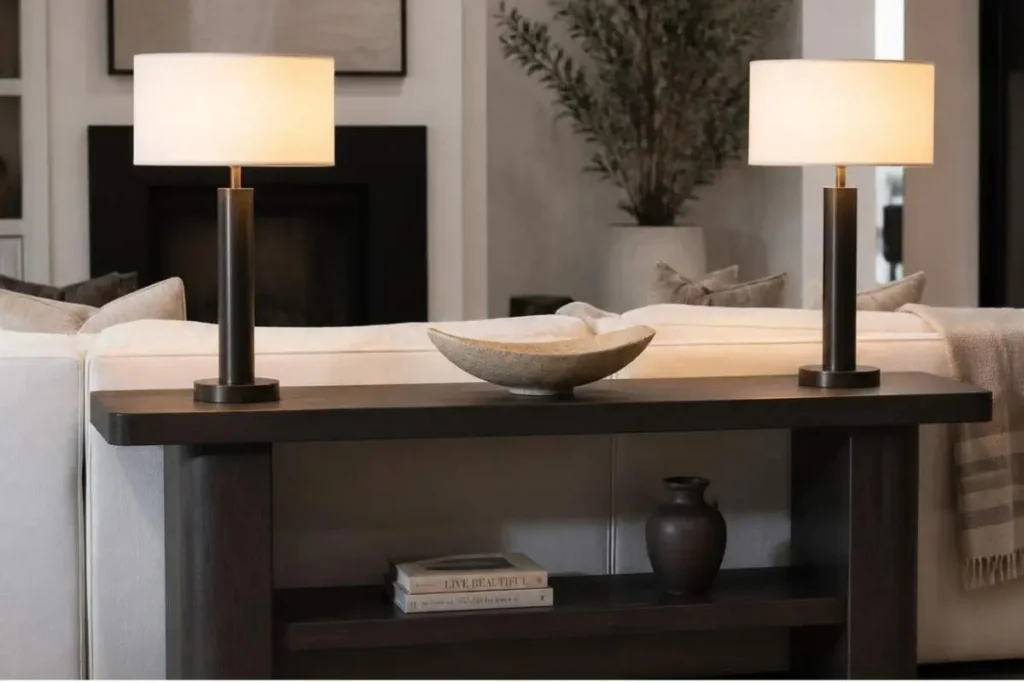 How to Style a Console Table: 11 Easy Decor Rules 3 Dark wooden console table placed behind a white sofa styled with matching lamps and a decorative bowl.