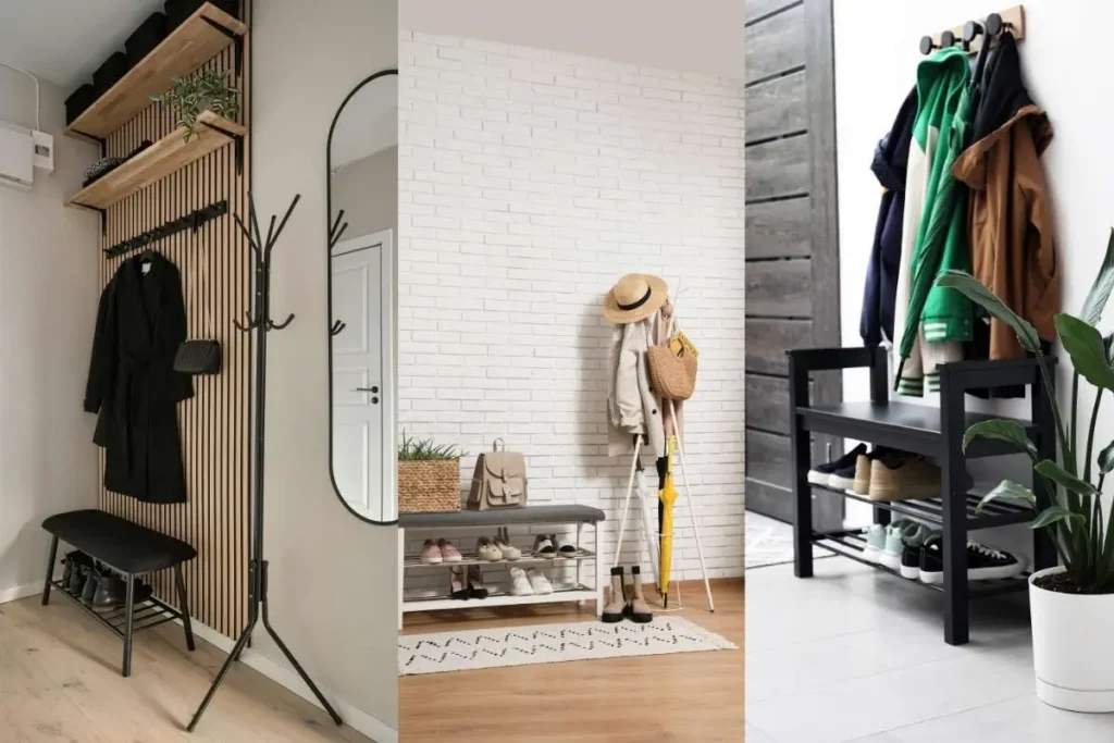 Freestanding coat rack, mirror, and shoe bench in a small entryway.