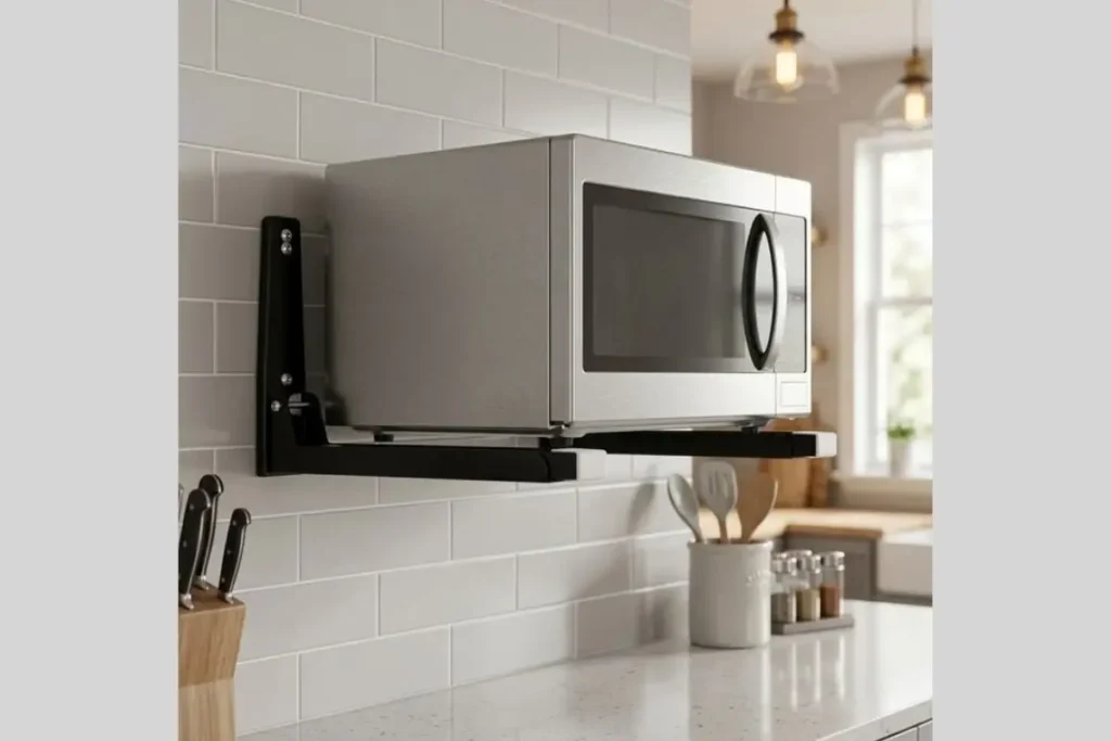 Where to put a microwave in a small kitchen with no counter space? 4 Stainless steel microwave mounted securely on heavy-duty black wall brackets in a small kitchen.