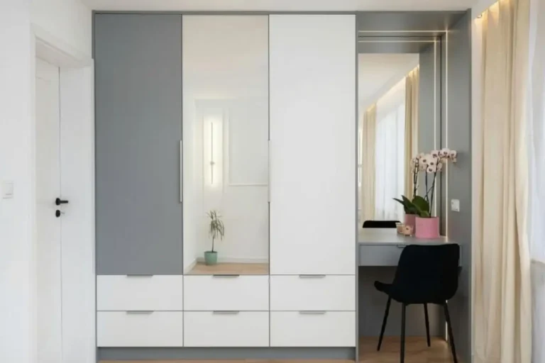 light slate grey and frost white two colour combination wardrobe.