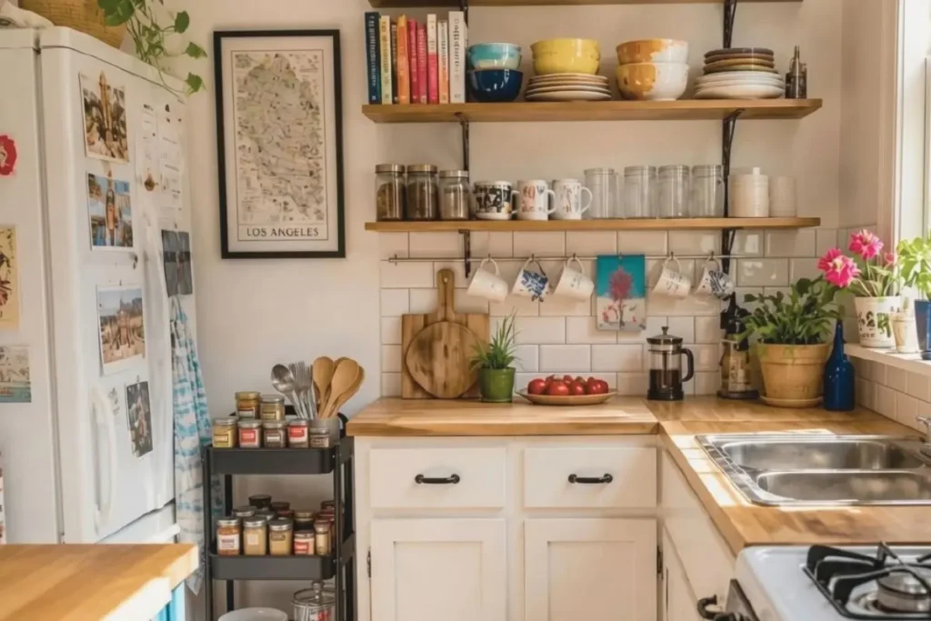 Very Small Kitchen Ideas on a Budget for Renters: 10 Hacks 4 mobile rolling utility cart in a small kitchen filled with spice jars and utensils.
