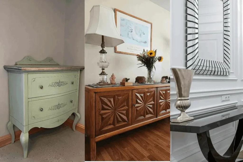 Collection of shallow console tables and decorative mirrors for small foyer organization.