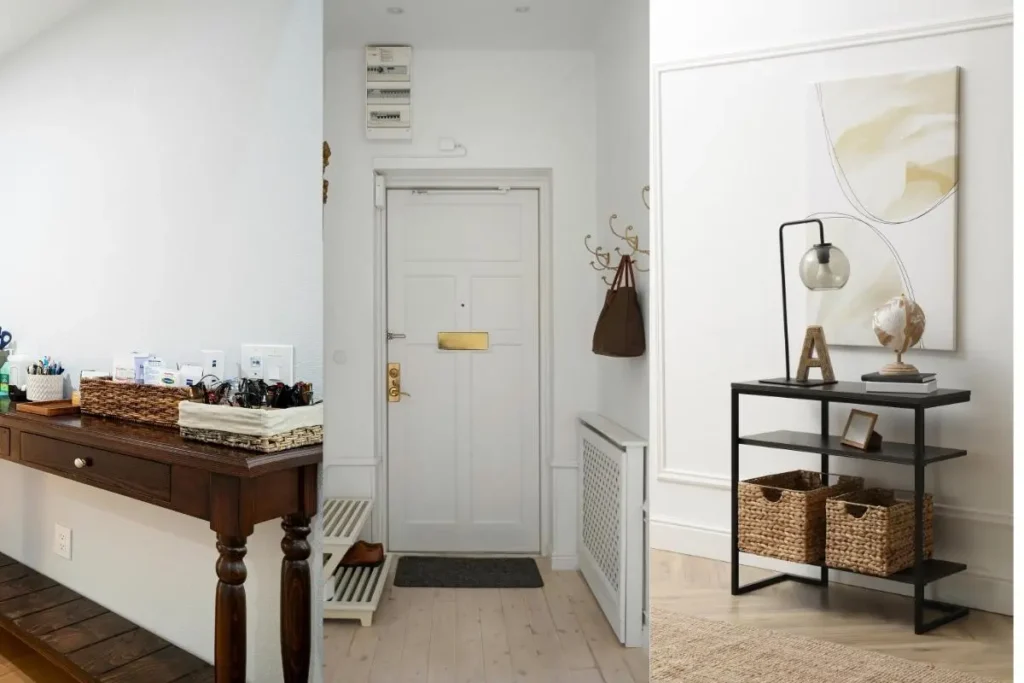 Narrow console table styled with baskets in a small entryway.