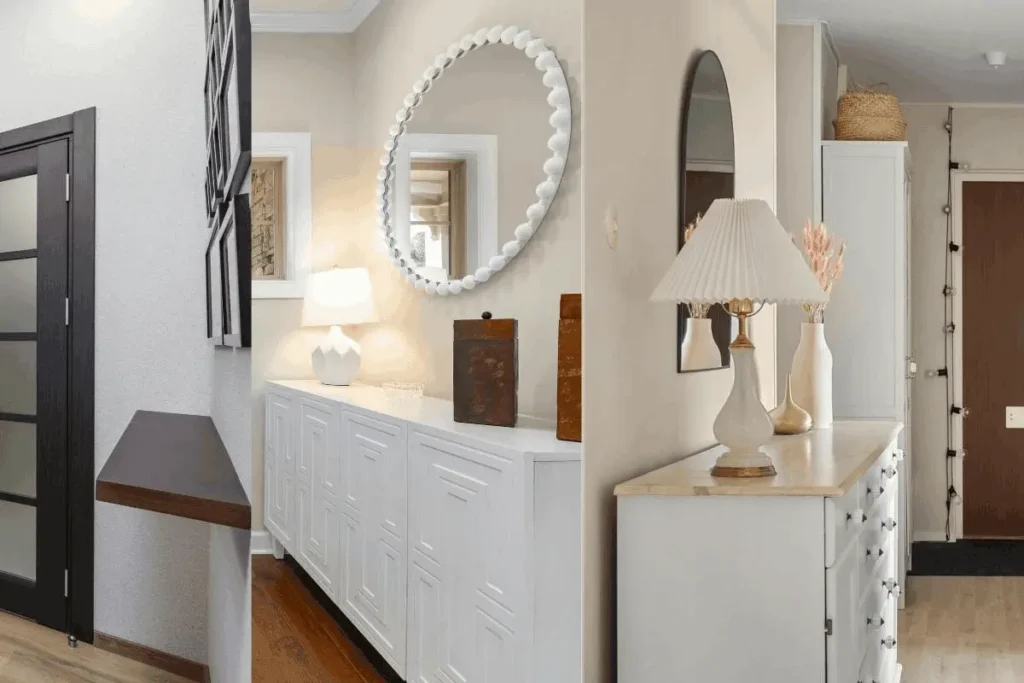 Space-saving narrow foyer setups featuring floating wall shelves and decorative round mirrors.