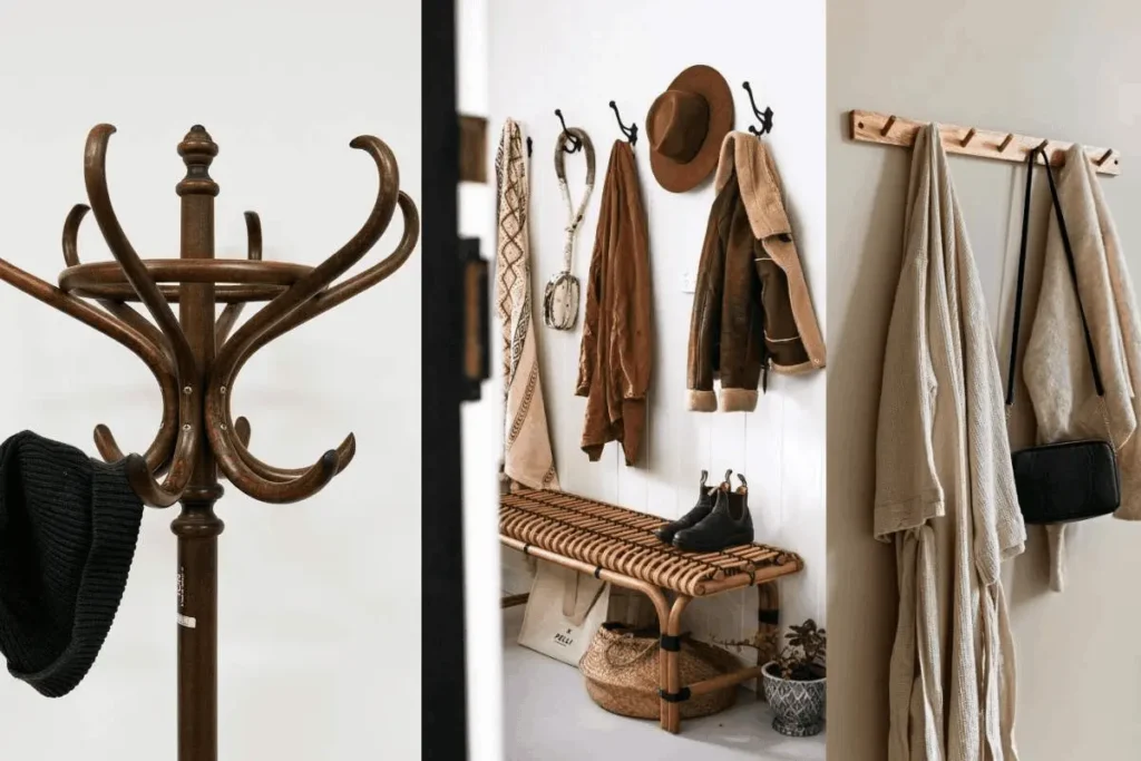 Collaged view of coat stand, wooden wall hooks with jackets, and entryway bench storage ideas.