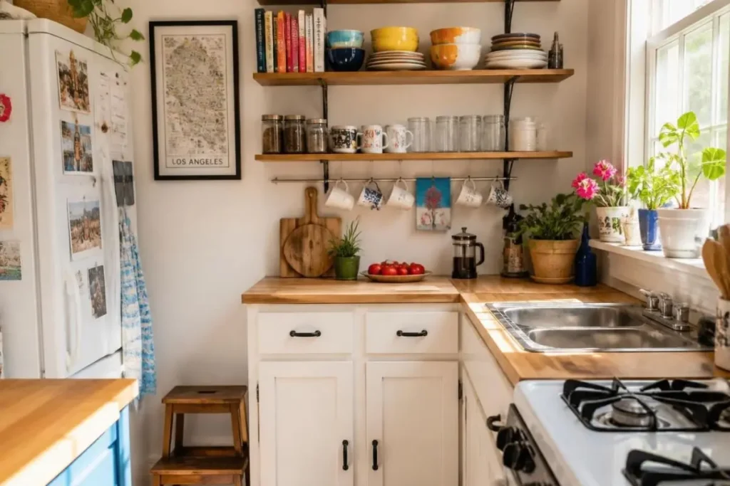 Very Small Kitchen Ideas on a Budget for Renters: 10 Hacks 2 open shelving in tiny apartment kitchen displaying dishware and mug hanging rails.