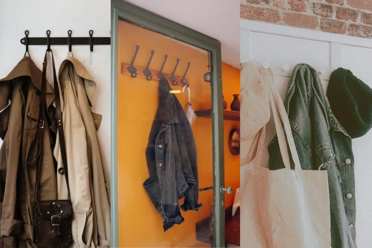 Over the door hook rack holding coats and bags in an entryway.