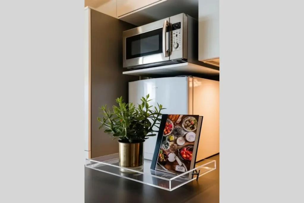 Where to put a microwave in a small kitchen with no counter space? 3 Compact microwave placed above a mini-fridge utilizing dead vertical space in a small apartment kitchen.