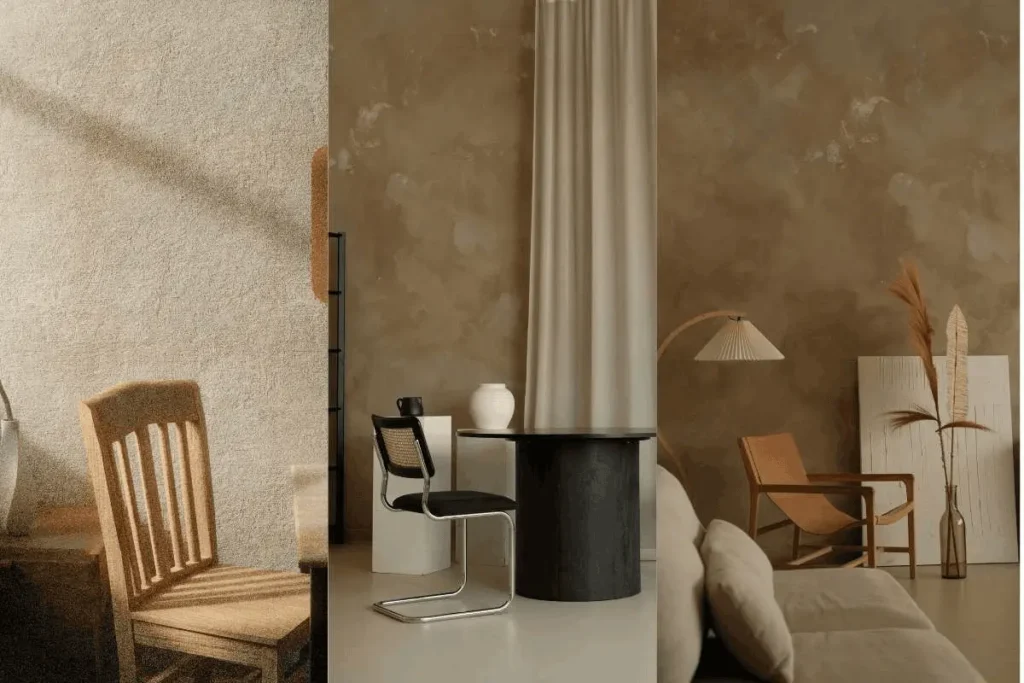 Warm textured accent walls with minimal furniture setup for small entryway aesthetics.
