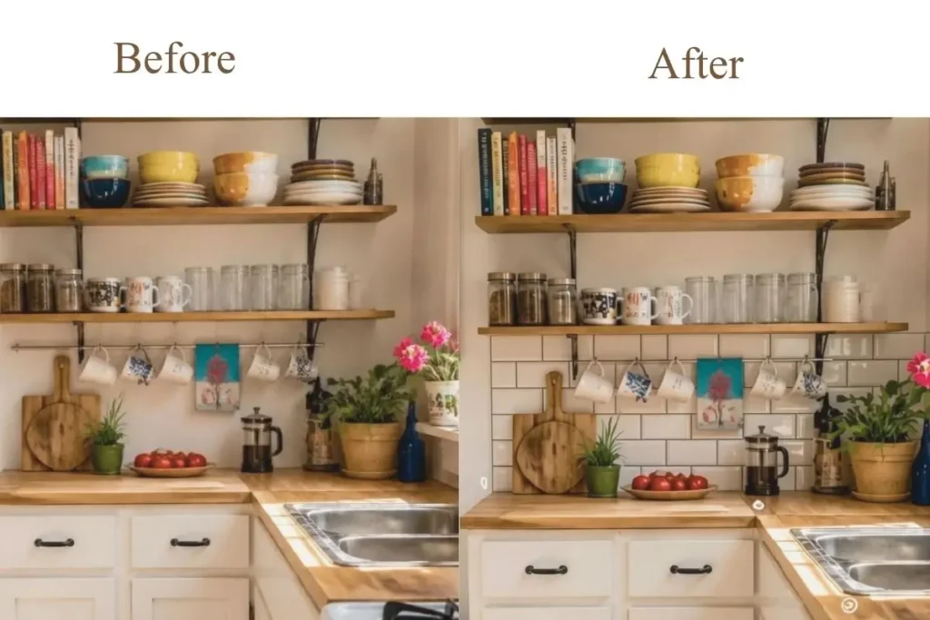 Very Small Kitchen Ideas on a Budget for Renters: 10 Hacks 3 renter friendly peel and stick backsplash tiles before and after comparison in a small kitchen.