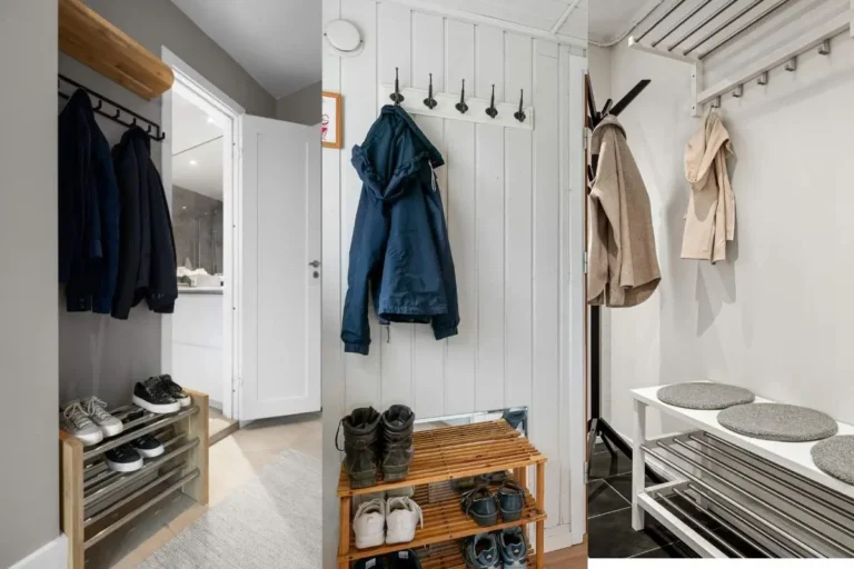 small entryway storage ideas with no drilling, coat hooks and shoe rack.