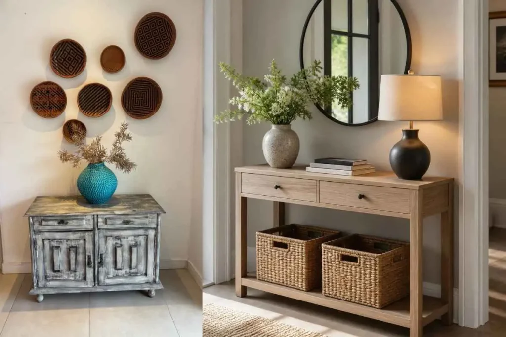 How to Style a Console Table: 11 Easy Decor Rules 2 Light wood console table in a small foyer featuring woven storage baskets underneath and a table lamp.