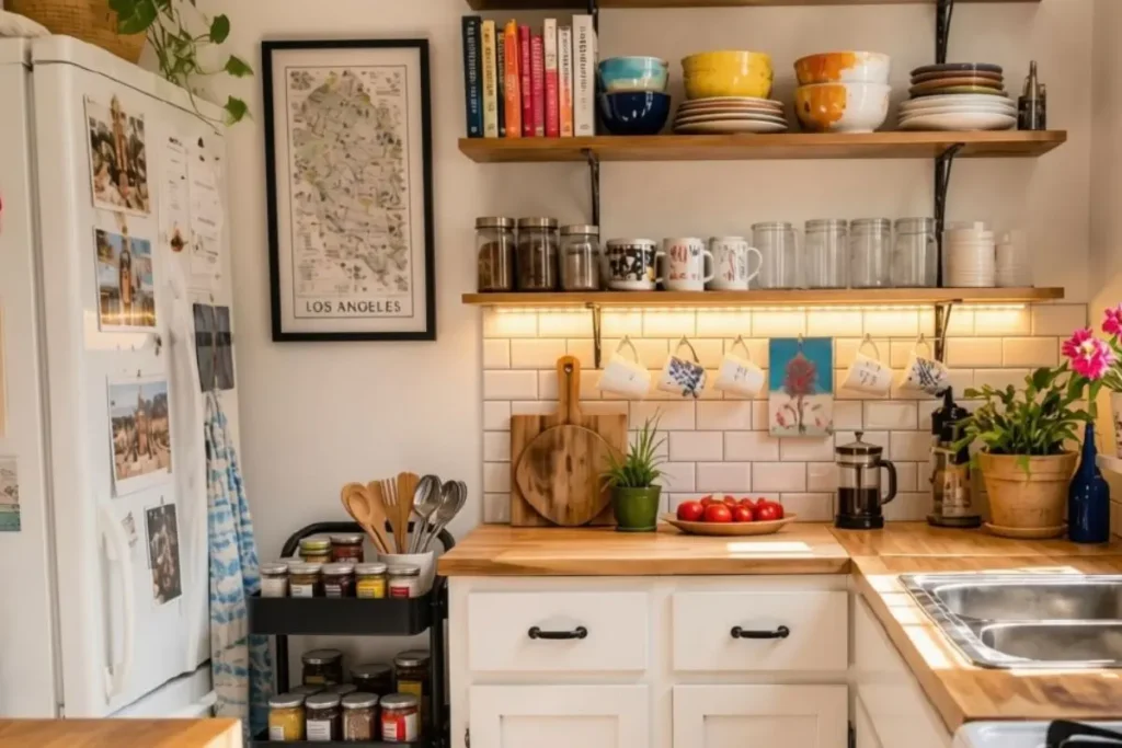 Very Small Kitchen Ideas on a Budget for Renters: 10 Hacks 5 under cabinet LED strip lighting illuminating countertops and backsplash in a small kitchen.