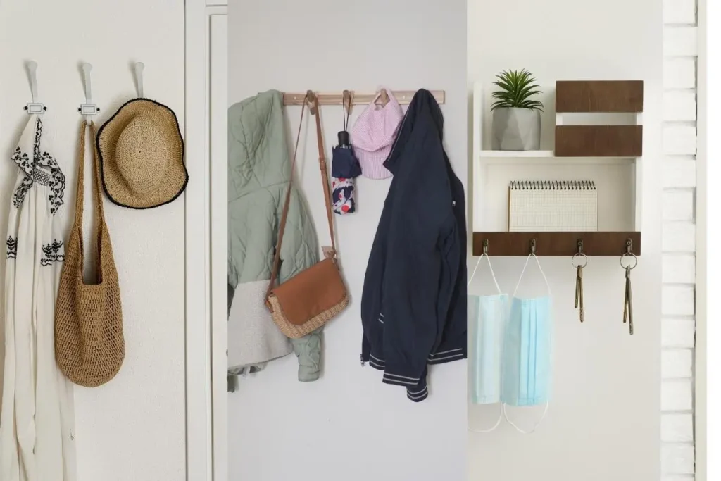 Wall-mounted hooks holding bags and a hat in a small entryway.